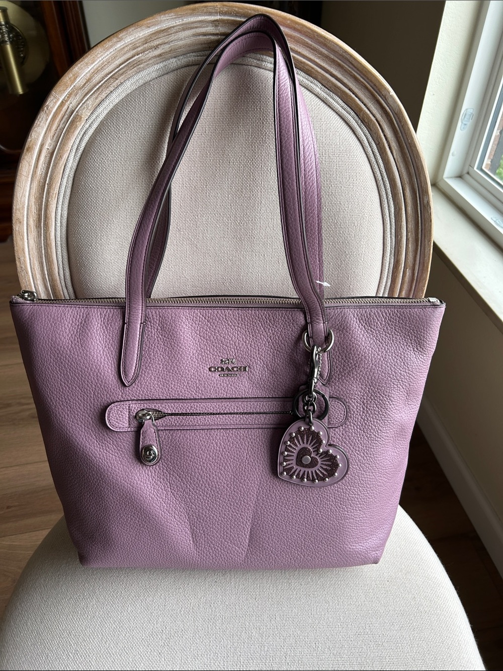 Coach Lilac Pebbled Leather Tote with Heart Charm